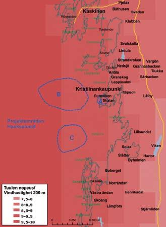 Kuva 2 5. Tuulen nopeus (m/s) vuositasolla Kristiinankaupungin edustalla 200 metrin korkeudessa (Suomen Tuuliatlas, Ilmatieteen laitos 2009). 2.2 Hanke Hankkeena on tuulivoimapuiston rakentaminen Kristiinankaupungin Karhusaaren voimalaitosalueelle ja kaupungin ja osin Närpiön edustan merialueelle.