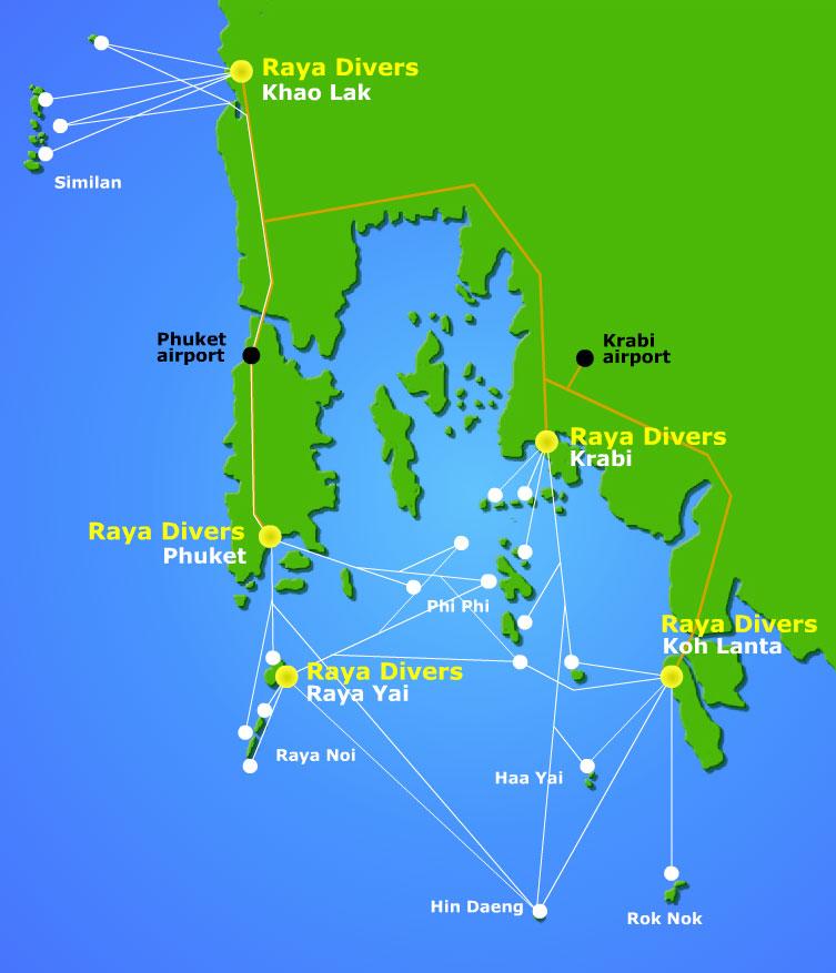 18 3.3 Toimipisteet KUVA 1. Raya Divers toimipisteet 3.11.2012. (Raya Divers, 2012.) 3.3.1 Phuket Phuket on Thaimaan suurin saari ja se sijaitsee maan eteläosassa.