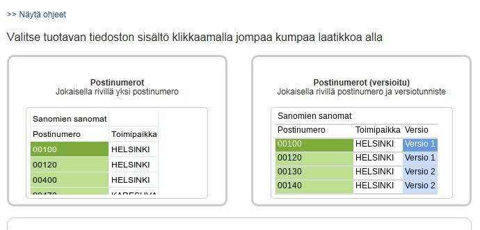 Seuraavaksi sinun tulee kertoa tuotavan tiedoston sisältö. Onko kyseessä samanlainen lähetys jokaiselle postinumerolle, vain sisältääkö tiedosto versioituja lähetyksiä (esim.