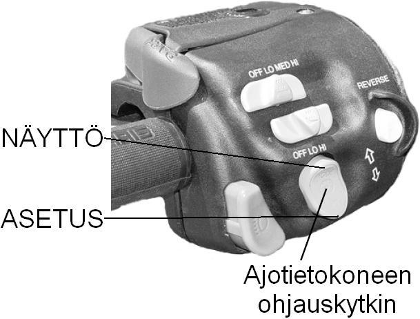 MOOTTORIKELKAN KÄYTTÖ Ajotietokoneen käyttö Ajotietokoneen käyttö Ajotietokoneen toimintoja voi selailla moottorin käydessä mallista riippuen: 1. Mittariston alapuolella olevilla napeilla 2.