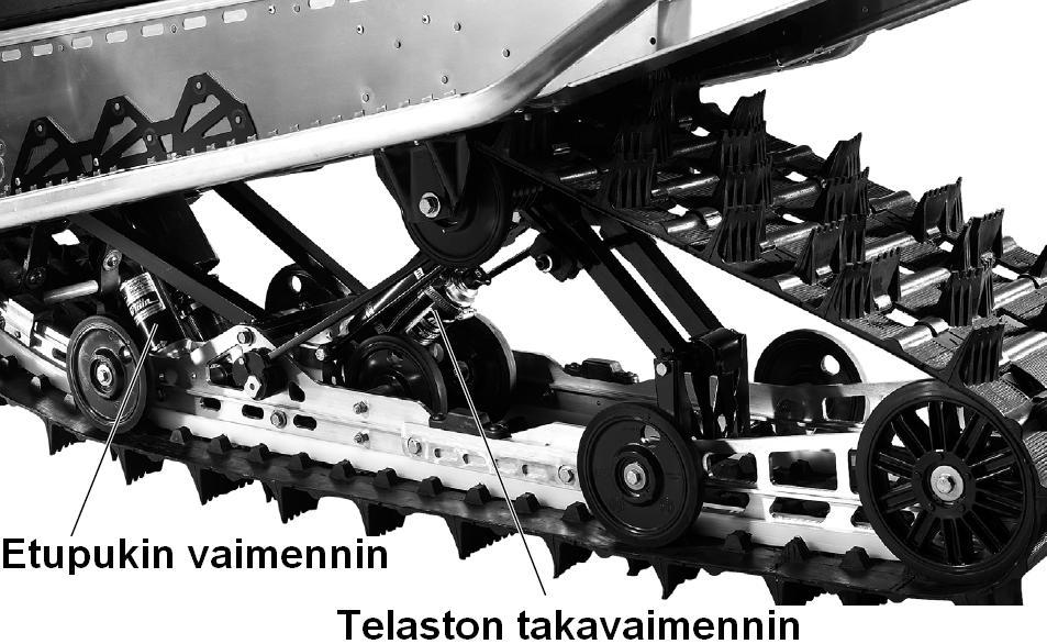 MOOTTORIKELKAN KÄYTTÖ Jousituksen säädöt Ajettavuuden viimeistely telaston takajousen esijännitystä säätämällä Telaston takajousen esijännityksen lisääminen kasvattaa suksipainetta sekä pienentää