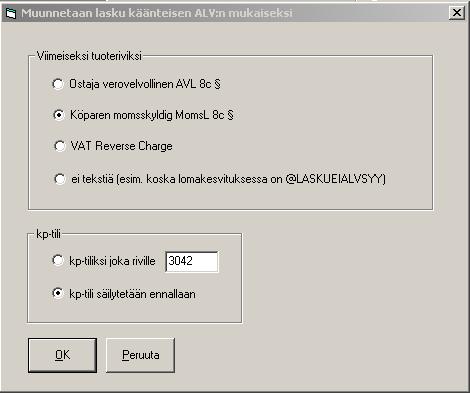 Asteri Windows Laskutus - KÄYTTÖOHJEET 119/200 Tällöin ohjelma muuttaa tuoterivien alv-prosentiksi nollat, ja lisää viimeiseksi tuoteriviksi tekstin, joka viittaa käänteisen alv:n lakipykälään.