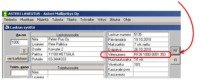 136/200 KÄYTTÖOHJEET - Asteri Windows Laskutus Voit tutustua suomalaisen viitteen ja RF-viitteen väliseen yhteyteen painamalla laskunsyöttötilassa FI- tai RF-painiketta: RF-viitteen muunto