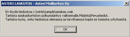 Asteri Windows Laskutus - KÄYTTÖOHJEET 15/200 2.5 OHJELMAN SIIRTÄMINEN UUDELLE KONEELLE Perusperiaate on, että ohjelma täytyy kertaalleen asentaa työasemalle.