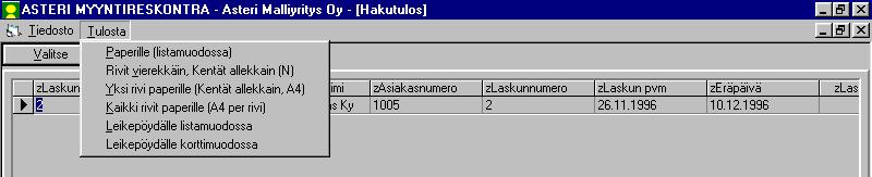 168/200 KÄYTTÖOHJEET - Asteri Windows Laskutus Valitse kenttä-kohtaan Alas-pudotuslistasta haluamasi kenttä.