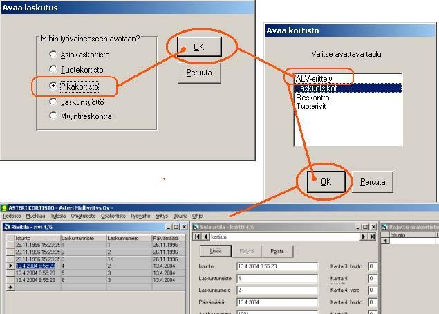 Asteri Windows Laskutus - KÄYTTÖOHJEET 169/200 11 PIKAKORTISTO-TYÖVAIHE Työvaihe Pikakortisto -valinnalla pääset nopeasti ja kätevästi avaamaan Laskuotsikot-, Tuoterivit-, ALV-erittely-, Reskontra-,