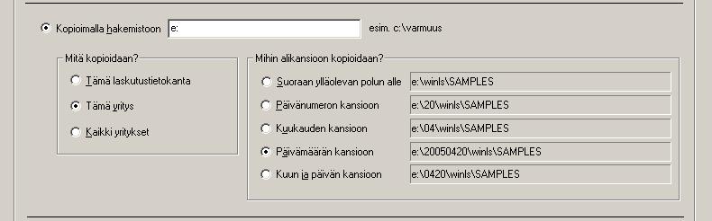 Asteri Windows Laskutus - KÄYTTÖOHJEET 35/200 Varmuuskopion voit tehdä levykkeelle valitsemalla täplän ensimmäiseen kohtaan: Tällainen varmuuskopio palautetaan Laskutustietokannat-ikkunan toiminnolla