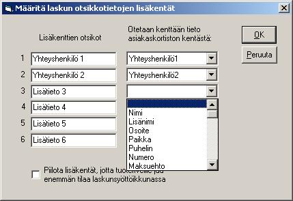 88/200 KÄYTTÖOHJEET - Asteri Windows Laskutus 9.4.13 Toimitus Vapaa kenttä, jossa voi esimerkiksi ilmoittaa toimitustavan. 9.4.14 Lisäkentät Laskunsyöttö-ikkunassa on laskun otsikkotiedoille kuusi kenttää, Lisätieto 1.