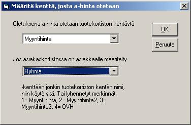 94/200 KÄYTTÖOHJEET - Asteri Windows Laskutus Vaihtoehtoinen hinta / Myyntihinta2 / Myyntihinta 3 / OVH Määritä A-hinta -toiminnolla voit nyt valita, miten ko. asiakkaalle valitaan ko.