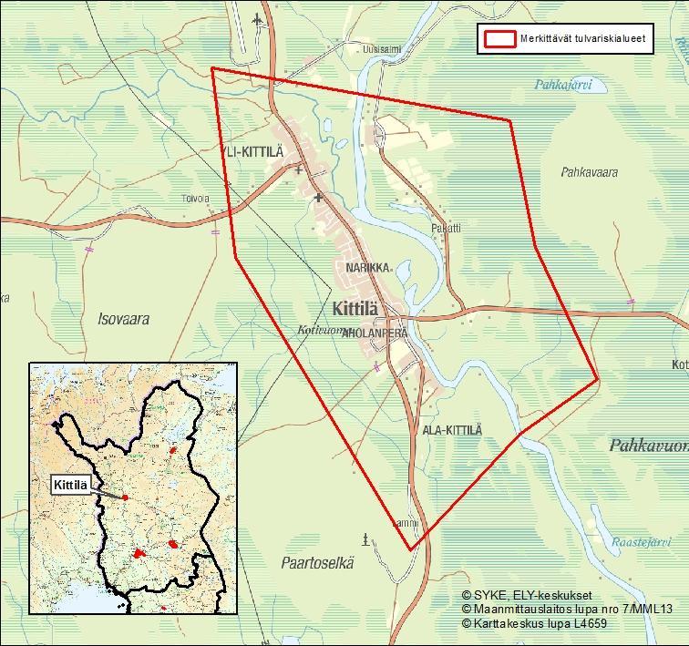 1. Johdanto Kittilän kirkonkylä sijaitsee Kemijoen vesistöalueen pohjoisosassa (Kuva 1) ja se on yksi Lapin viidestä merkittävästä riskialueesta.