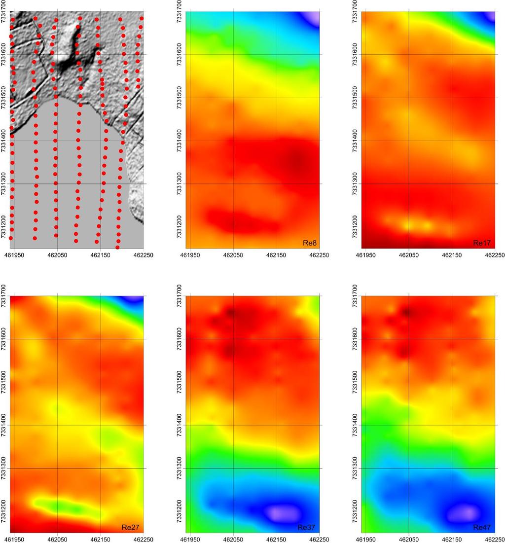 GEOLOGIAN TUTKIMUSKESKUS 8 Kuva 4. Kuvasarja viidellä eri taajuudella tehdystä aluemittauksesta, pinnanvaihtelu ja mittauspisteet.