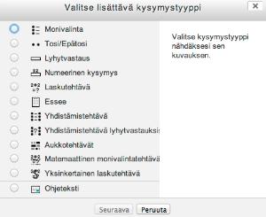 Jos kysymyksiä ei vielä ole kysymyspankissa, voit luoda niitä Järjestys ja sivutus -näkymässä, valitsemalla "Kysymyspankin sisältö" -palstasta "Luo uusi kysymys".