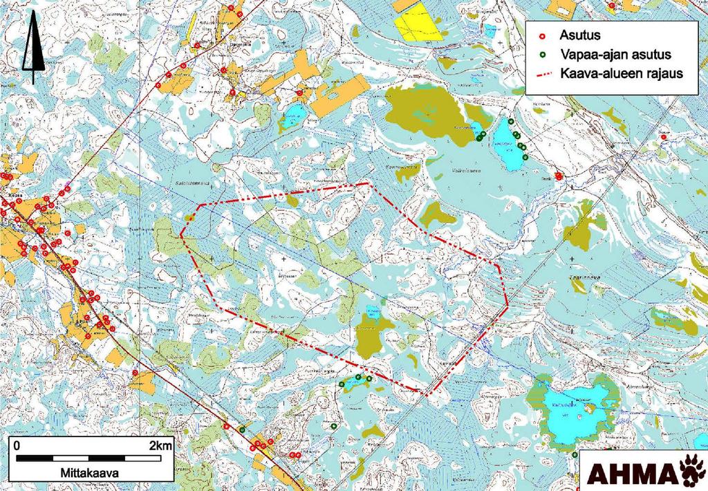 Mastokankaan tuulipuiston osayleiskaava OAS 2.6.2015 5 (18) 4 Alueen kuvaus 4.1 Maankäyttö ja asutus Kuva 4.1 Lähialueen asutus. Mastokankaan alue on topografialtaan melko tasainen.