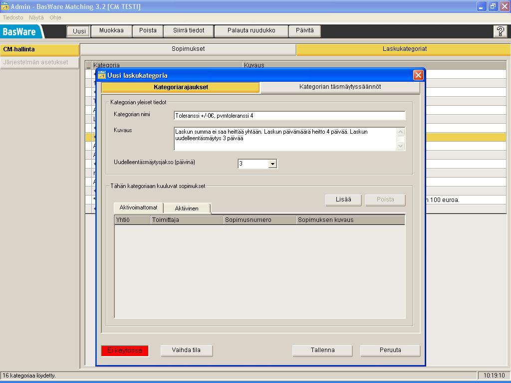 5.2 Laskukategorian luominen 22 Uuden laskukategorian luonti tapahtuu Contract Matchingissä valitsemalla ensin kategoriat ja sen jälkeen painamalla Uusi-painiketta.