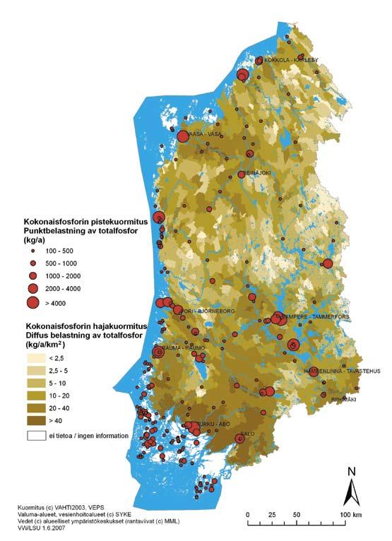 Kuva 4. Läntisen vesienhoitoalueen kokonaisfosforin piste- ja hajakuormitus.