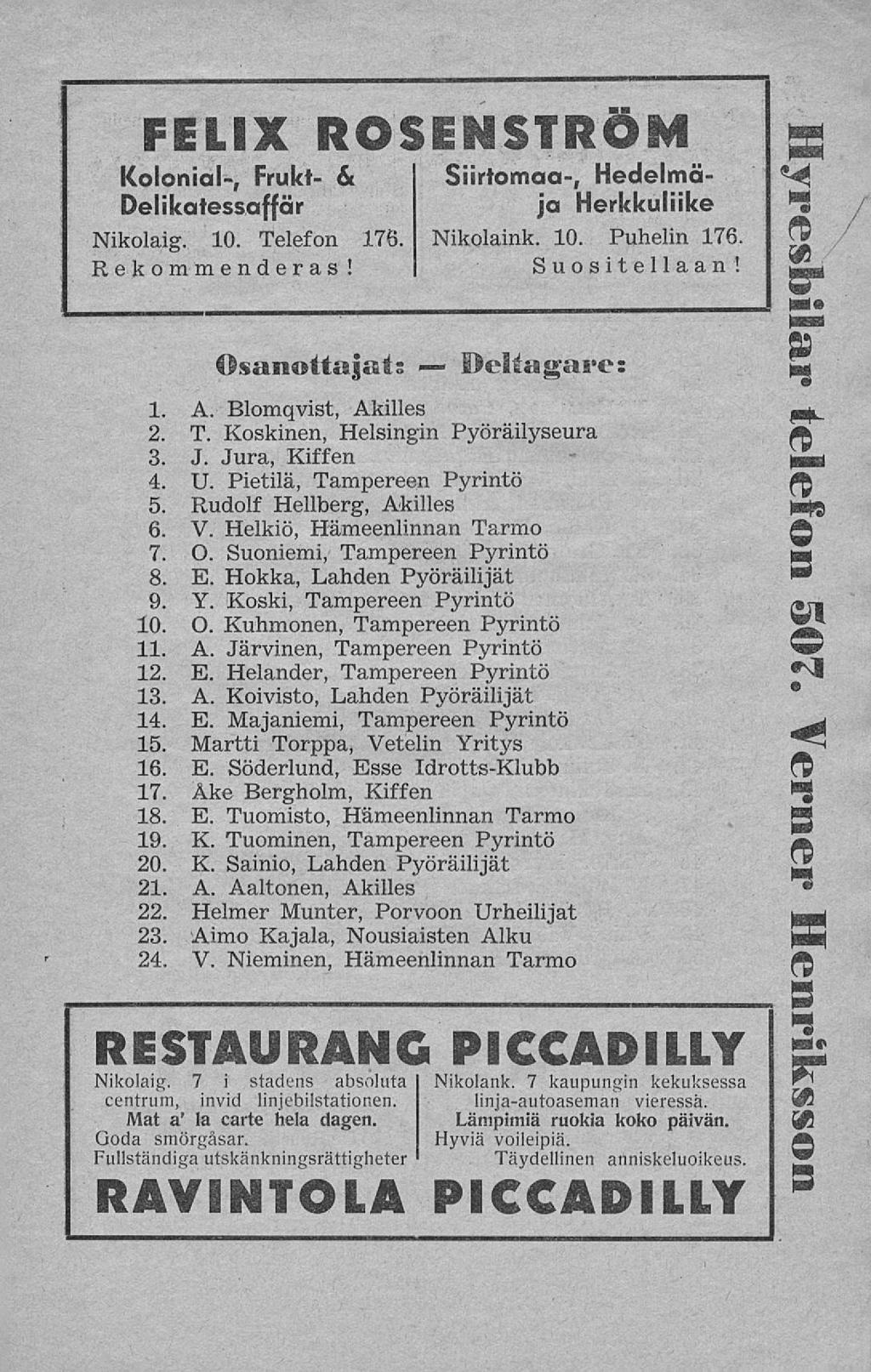 FELIX ROSENSTRÖM Kolonial-, Frukt- & Delikatessaffär Siirtomaa-, Hedelmäja Herkkuliike Nikolaig. 10. Telefon 176. Nikolaink. 10. Puhelin 176, Rekommenderas! Suositellaan! Osanottajat s Deltagare: 1.