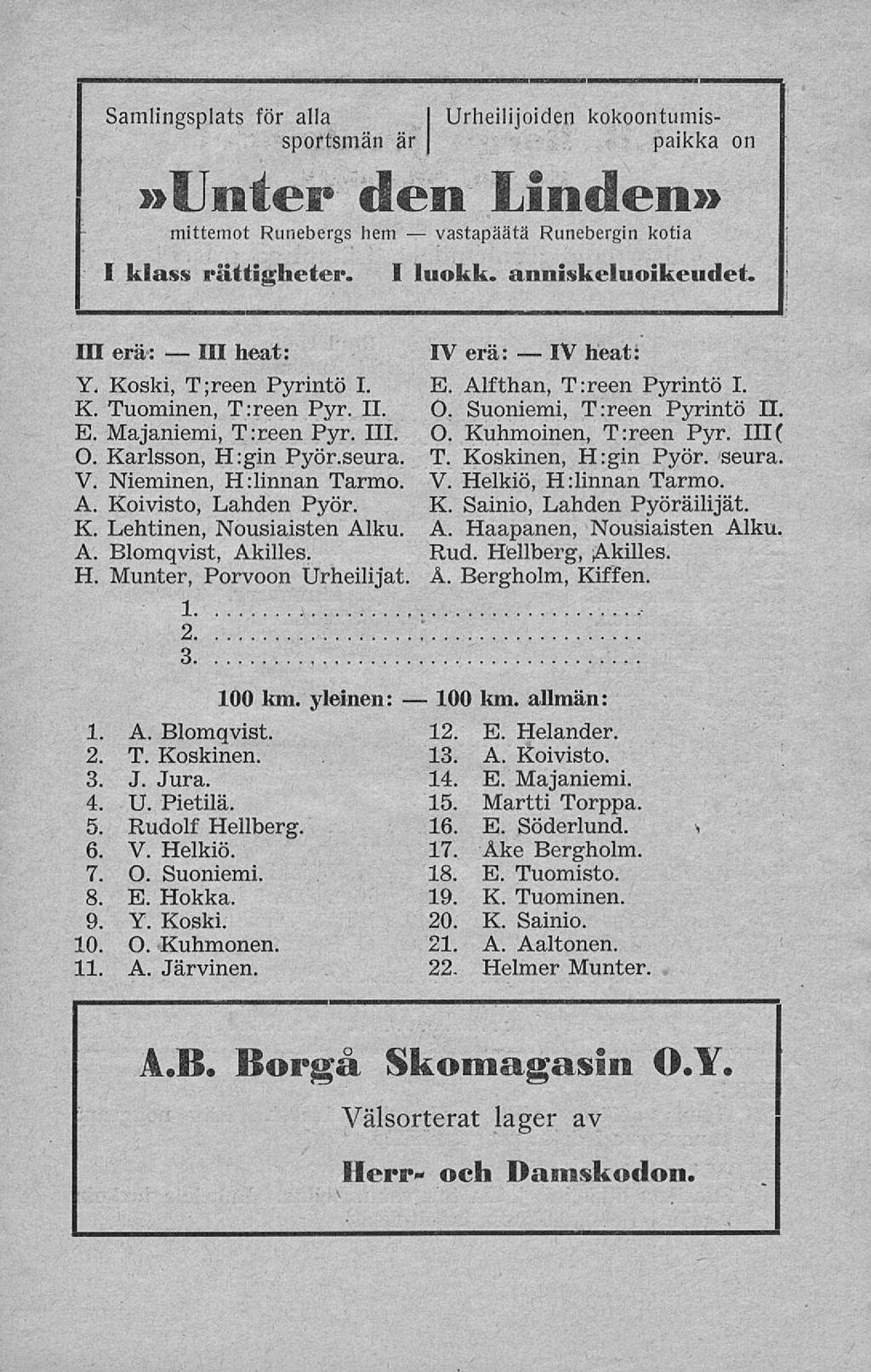 111 vastapäätä 100 IV Urheilijoiden kokoontumis- paikka on Samlingsplats för alla sportsrnän är»unter den Linden» mittemot Runebergs hem Runebergin kotia I klass rättigheter. I luokk.