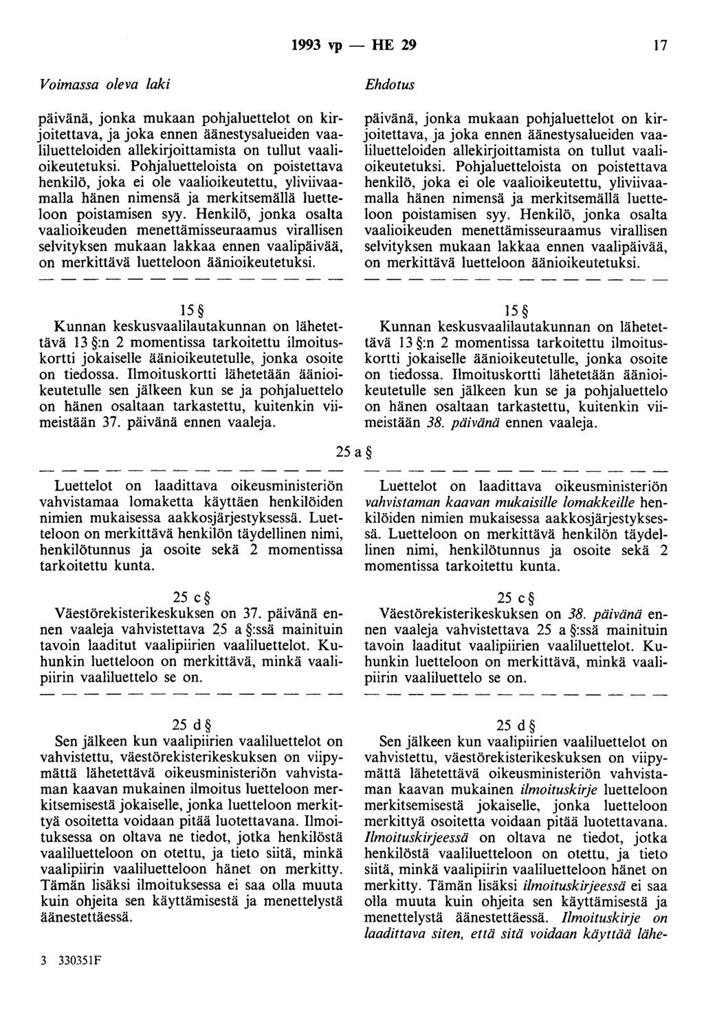 1993 vp - HE 29 17 Voimassa oleva laki päivänä, jonka mukaan pohjaluettelot on kirjoitettava, ja joka ennen äänestysalueiden vaaliluetteloiden allekirjoittamista on tullut vaalioikeutetuksi.