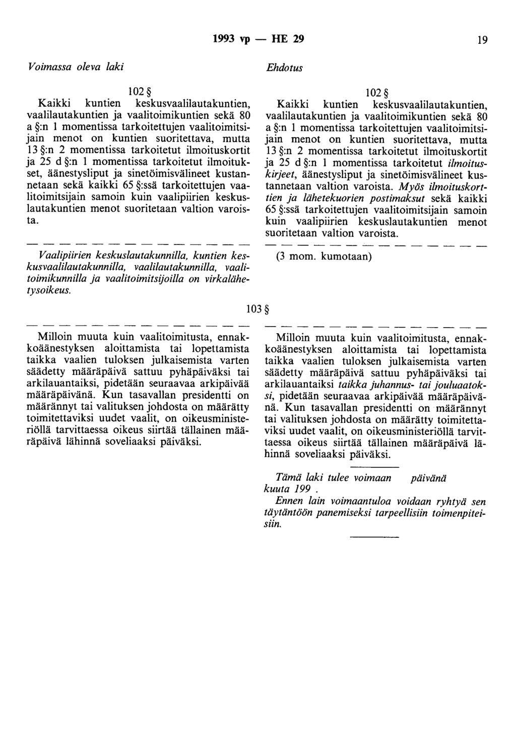 1993 vp - HE 29 19 Voimassa oleva laki 102 Kaikki kuntien keskusvaa1ilautakuntien, vaalilautakuntien ja vaalitoimikuntien sekä 80 a :n 1 momentissa tarkoitettujen vaalitoimitsijain menot on kuntien