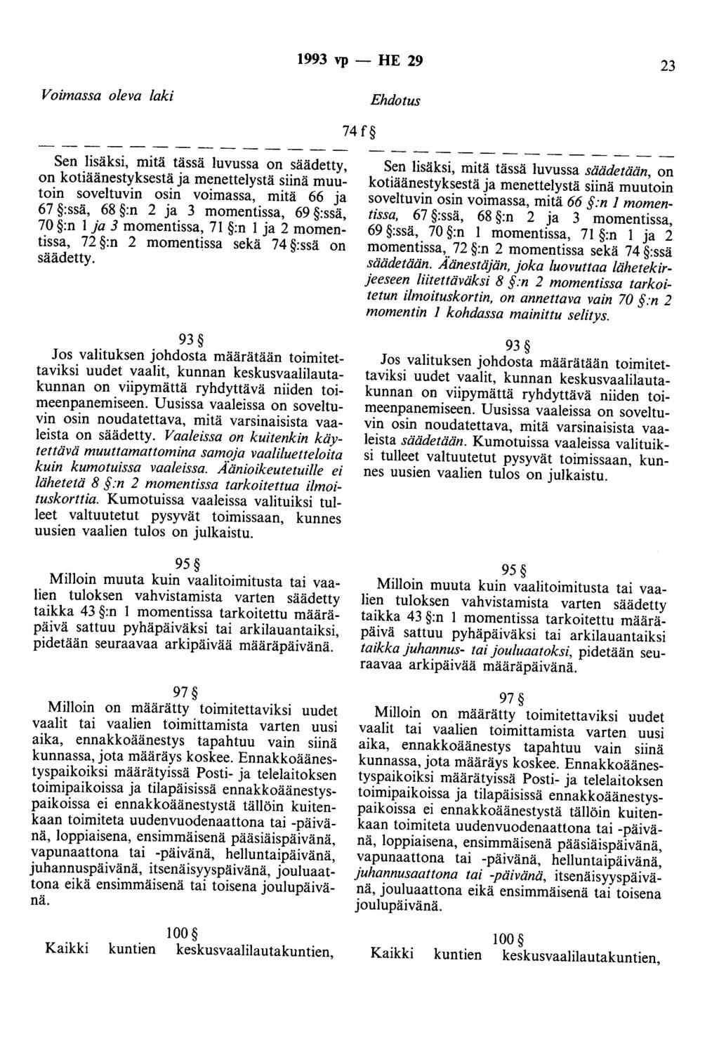 1993 vp - HE 29 23 Voimassa oleva laki Ehdotus 74 f Sen lisäksi, mitä tässä luvussa on säädetty, on kotiäänestyksestä ja menettelystä siinä muutoin soveltuvin osin voimassa, mitä 66 ja 67 :ssä, 68 :n