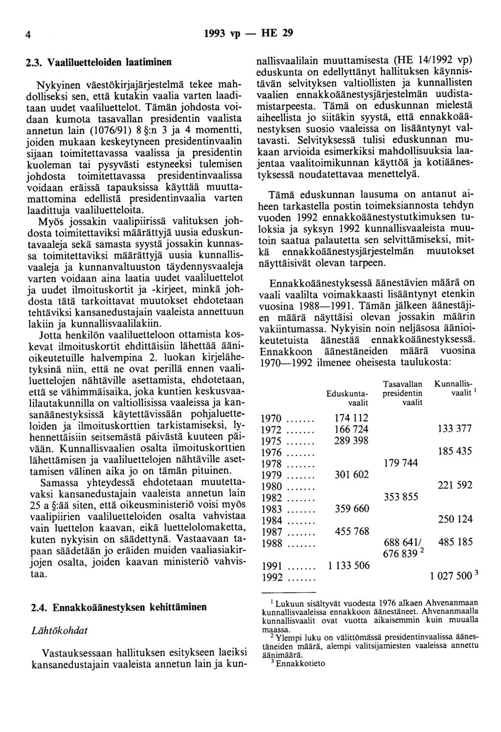 4 1993 vp- HE 29 2.3. Vaaliluetteloiden laatiminen Nykyinen väestökirjajärjestelmä tekee mahdolliseksi sen, että kutakin vaalia varten laaditaan uudet vaaliluettelot.