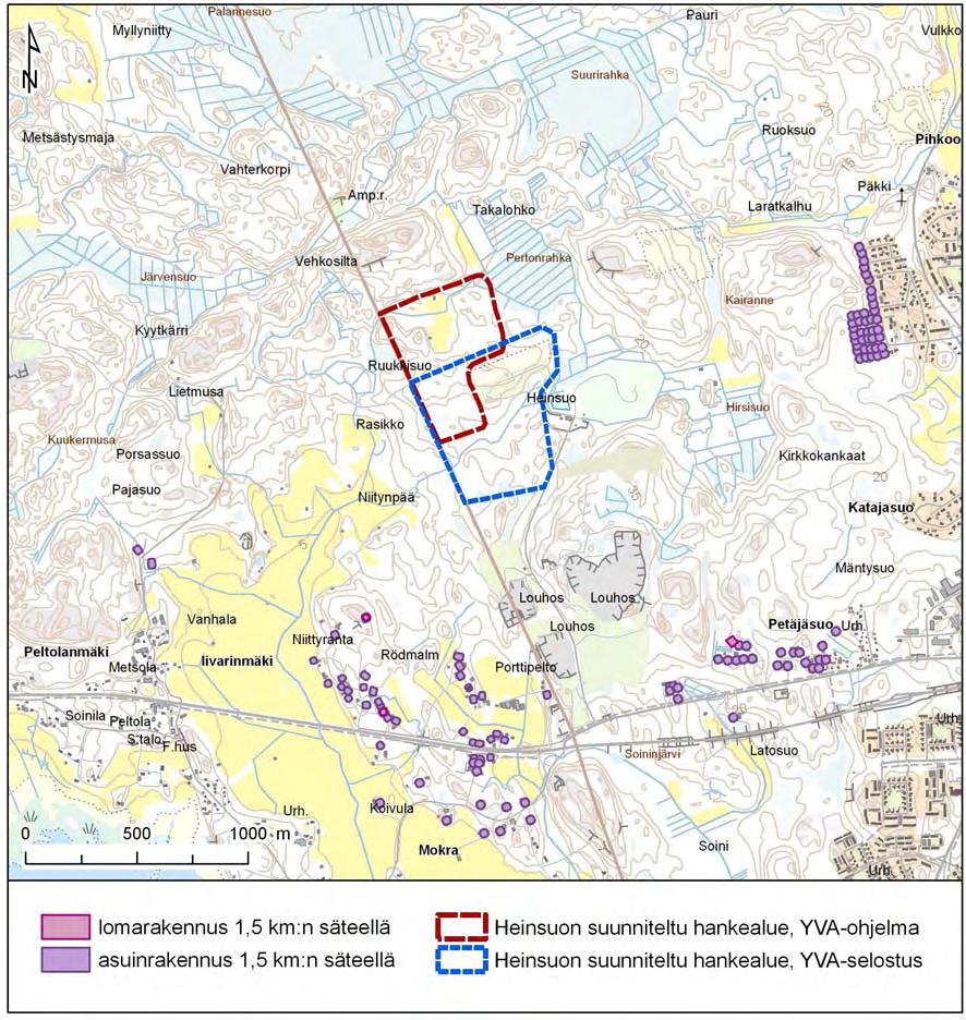 94 Kuva 10-2: Lähiasutus Heinsuon hankealueen ympäristössä (1,5 km säteellä). 10.2 Yhdyskuntarakenne ja kaavoitus Heinsuon alueella on voimassa Kymenlaakson taajamamaakuntakaava, jonka Ympäristöministeriö on vahvistanut 28.