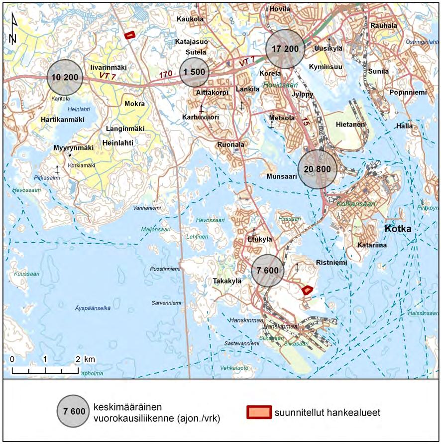 86 Kuva 9-11: Liikennemäärät hankealueiden ympäristön päätieverkolla 2005.