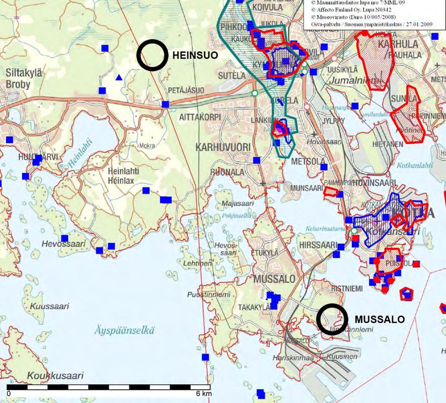 91 Kuva 9-14: Maiseman ja kulttuuriympäristön arvokohteet Mussalon ja Heinsuon ympäristössä. Pohjakartta sisältää osin vanhentunutta tietoa, sillä Mussalon alueella Palaslahti on täytetty.