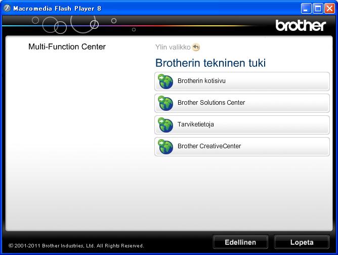 Luku 1 Brotherin tekninen tuki (Windows ) 1 CD-ROM-levy sisältää kaikki tarvitsemasi yhteystiedot, kuten internet-tuen (Brother Solutions Center) yhteystiedot.