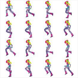 a ja b). Kuvat 1 a ja b. Vasemmalla kuvassa on yksinkertainen sprite, kun taas oikealla kuvassa on sprite sheet, jossa näkyvät kaikki Spritet tytön juoksuanimaatiosta (Lambert 2013).