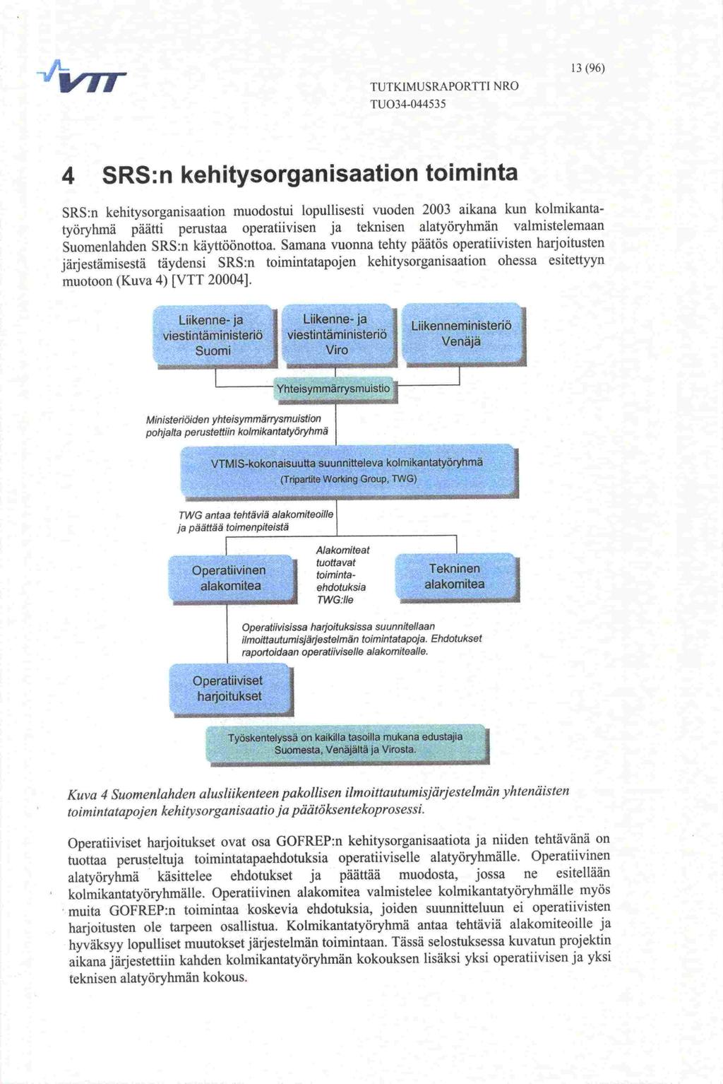 TUTKIMUSRAPORTTI NRO 13(96) 4 SRS:n kehitysorganisaation toiminta SRS:n kehitysorganisaation muodostui lopullisesti vuoden 2003 aikana kun kolmikantatyöryhmä päätti perustaa operatiivisen ja teknisen