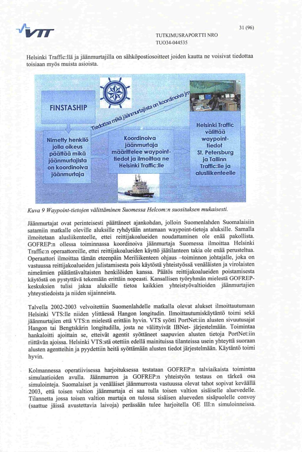 2003, TUTKIMUSRAPORTFI NRO 31(96) Helsinki Traffic:llä ja jäänmurtajilla on sähköpostiosoitteet joiden kautta ne voisivat tiedottaa toisiaan myös muista asioista. FINSTASHIP.