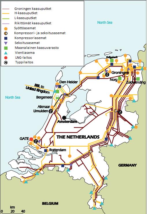 44 Kuva 18. Hollannin maakaasuverkosto. (IEA Netherlands 2014, 143.) Hollannissa korkean lämpöarvon kaasu (H-kaasu) kulkee erillisessä korkeapaineverkostossa kuin matalan lämpöarvon kaasu (L-kaasu).