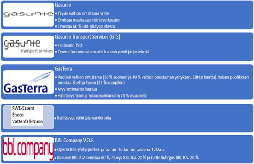 47 män lisäksi Hollannissa on yhdeksän kaasun jakelujärjestelmäoperaattoria (DSO). Vähittäiskaupan kaasumarkkinoista vastaa kolme suurta yritystä.