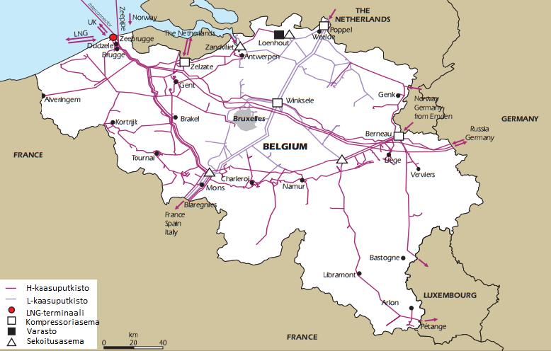 60 Kuva 30. Belgian maakaasuverkosto. (IEA Belgium 2016, 85.) Zeebruggen satama on hyvin merkittävä kaasuvirtojen kohtaamispiste.