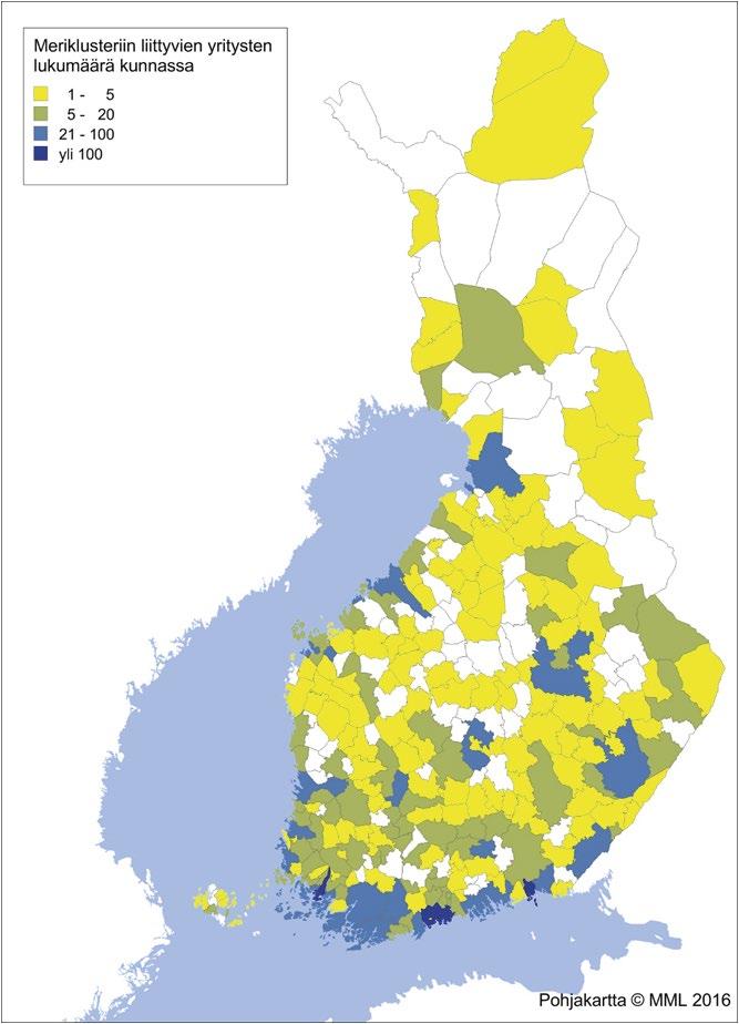 KASVUN MAHDOLLISUUS POSITIIVISEN RAKENNEMUUTOKSEN HYÖDYNTÄMINEN LOUNAIS-SUOMESSA 4.2 Saavutettavuus Kuvio 10. Meriklusterin yritysten lukumäärä kunnassa.