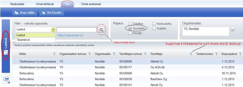 Laskuarkisto Laskuarkiston saat avattua P2P:n Hae -sivulta Täältä näet käsittelemäsi laskut sekä varahenkilön käsittelemät laskut: Odottaa: sinulla olevat avoimet laskut, jotka odottavat käsittelyä