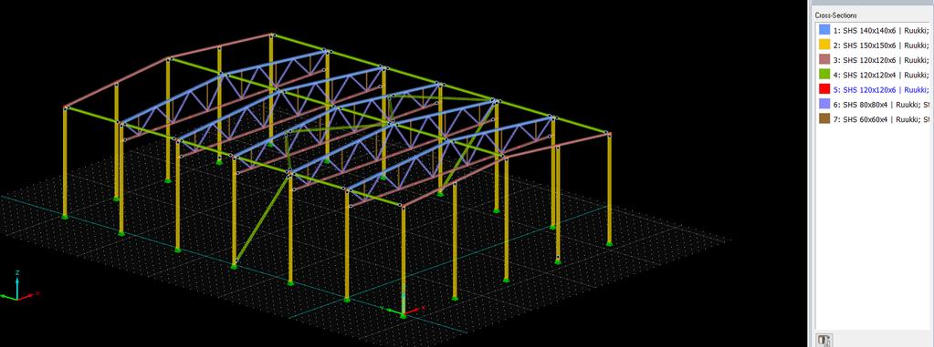 7 2.2 Teräsrakenteiden laskenta Rfem-ohjelmalla Kuva 2. Fem-malli. Rfem-ohjelmassa hallille luodaan sen geometria, annetaan reunaehdot ja rakenteiden osille annetaan niiden kuormat.