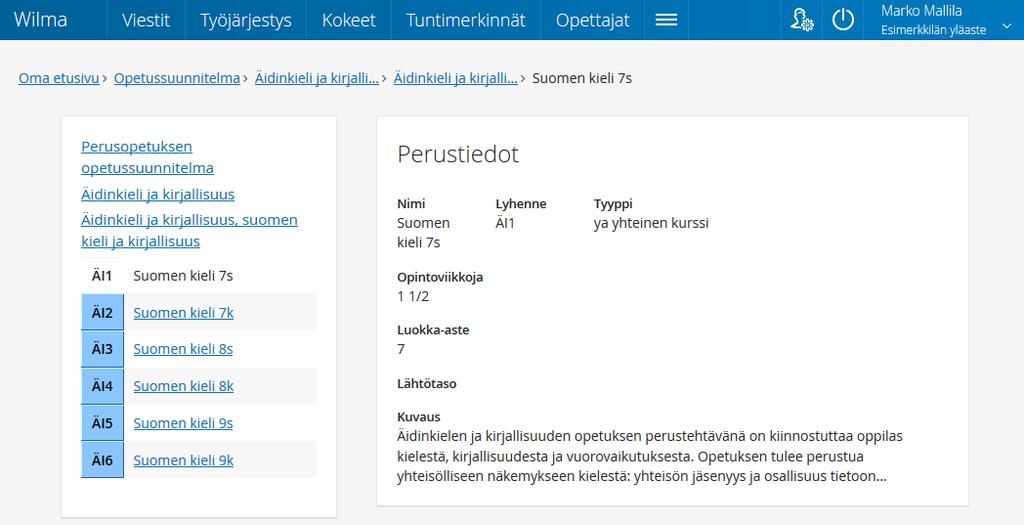 12 (18) 6 Oppimisen tuki 6.1 Opetussuunnitelma Opetussuunnitelman oppiaineita koskeva osuus aukeaa klikkaamalla Opetussuunnitelmalinkkiä sinisestä yläpalkistä tai Lisää-valikosta.