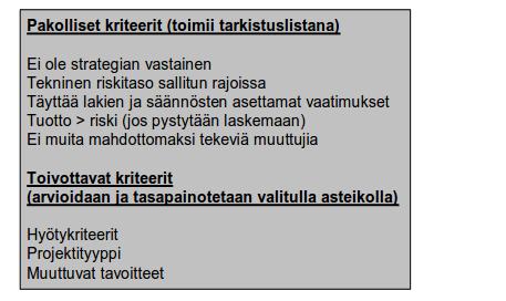 Luokittelu ja pisteytys: Pakolliset ja toivottavat kriteerit (Martinsuo et