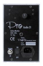 Pro Audio 31 Pro Audio 31 on erittäin pieni ja kevyt kotikäyttöön soveltuva aktiivikaiutin, jossa on RCA-tuloliitäntä ja äänenvoimakkuudensäätö.