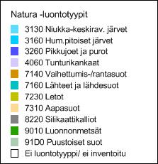 luonnonmetsät sekä puustoiset suot. Noin 300 ha alasta ei kuulu Natura-luontotyyppeihin pääosin metsätalouskäyttötaustansa vuoksi. Lisäksi n.