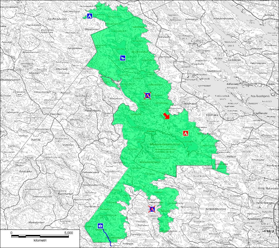 Kuva 9. Mustarinnantunturin ja Kiekkikairan nykyinen palveluvarustus ja kehittämissuunnitelmat. Suunnittelualueella ja sen läheisyydessä sijaitsee autiotupa, kolme kotaa sekä laavu.