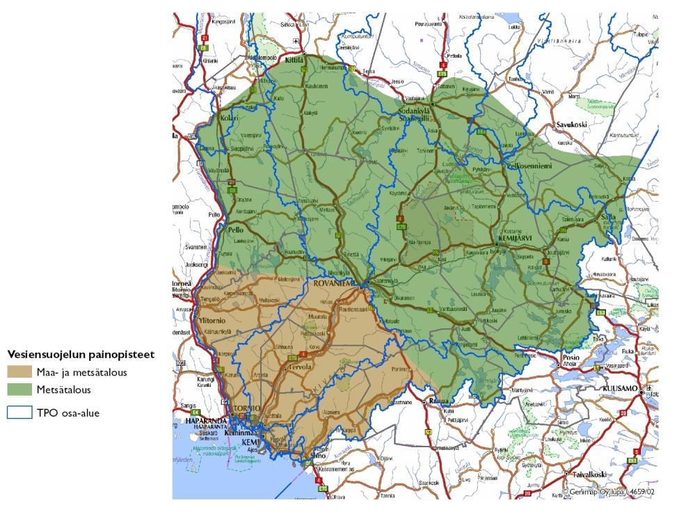 Kuva 16. Maa- ja metsätalouden vesiensuojelun painopistealueet Lapissa. Metsätalouden vesiensuojelun osalta kartan pohjoisraja kulkee suunnilleen kannattavan ojituksen lämpösummarajalla.