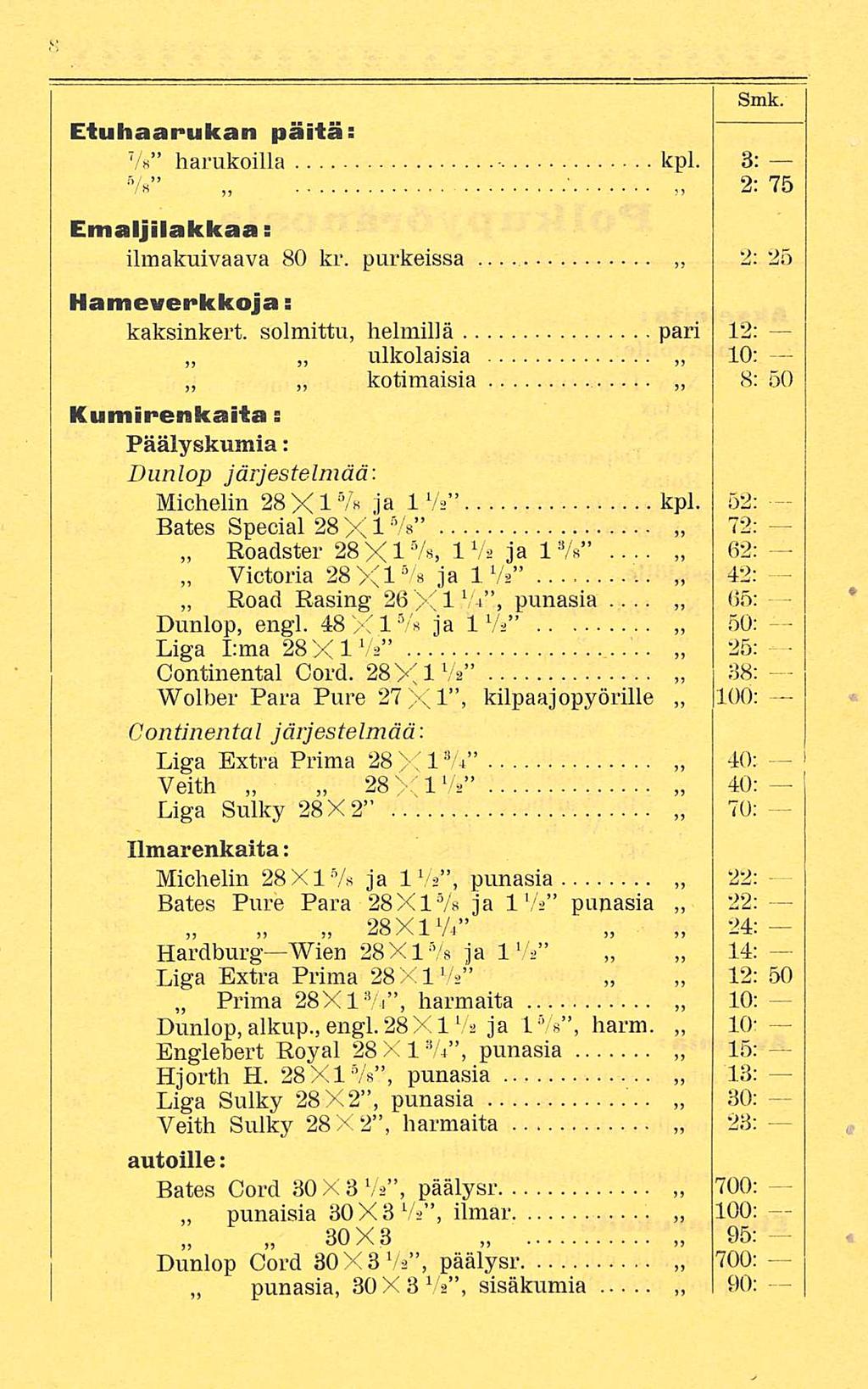 Etuhaarukan päitä: Smk. Vs harakoilla kpl. 3: Vs ' 2; 75 Emaljilakkaa: ilmakuivaava 80 kr. purkeissa 2: 25 Hameverkkoja: kaksinkert.