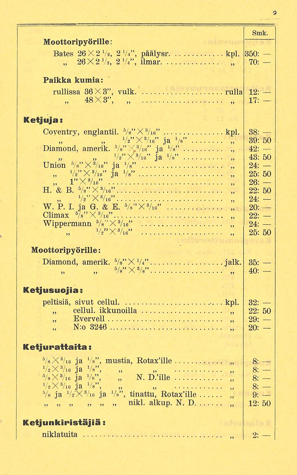 Moottoripyörille: Smk. Bates 26 X 2 Vs, 2 VV, päälysr kpl. 350; 26 X 2 Vs, 2 VV, ilmar 70: Paikka kumia: rullissa 36 X 3, vulk rulla 12: 48X3, 17: Ketjujai Coventry, englantil. VB XVie kpl.