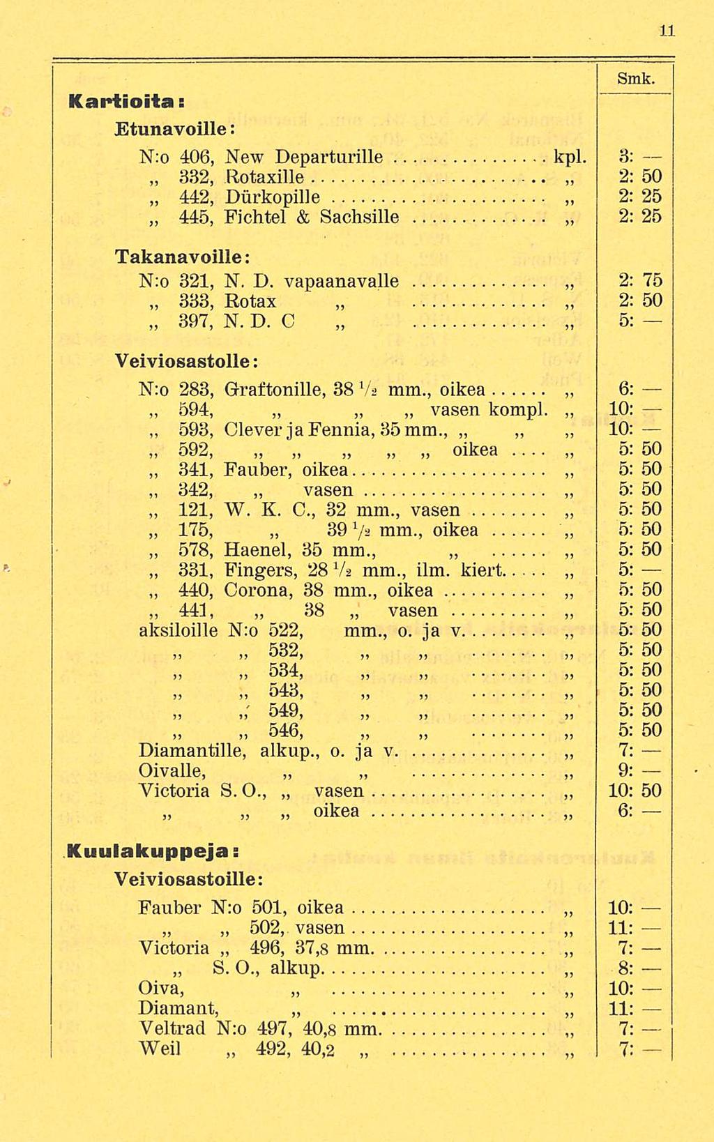 Smk. Kartioita: Etunavoille: N:o 406, New Departurille kpl. 8: 332, Rotaxille 2: 50 442, Durkopille 2: 25 445, Fichtel & Sachsille 2: 25 Takanavoille: N:o 321, N. D. vapaanavalle 2: 75 333, Rotax 2: 50 397, N.