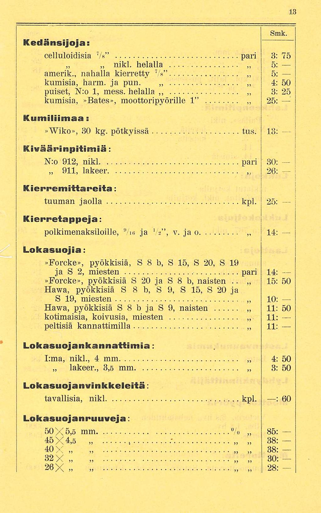 Kedänsijoja; Smk. celluloidisia Vs pari 8: 75 nikl. helalla 5: amerik., nahalla kierretty Vs 5: kumisia, harm. ja pun. 4: 50 puiset, IST:o 1, mess.