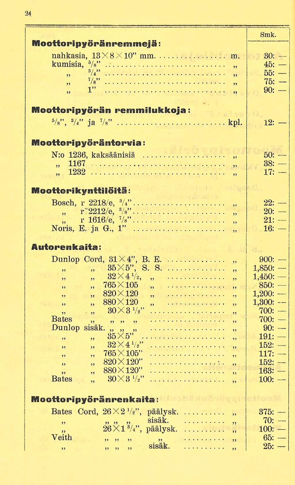 Smk. Moottoripyöränremmejä: nahkasia, 13X8X10 mm ra. 30: kumisia, Vs 45: 3 A 55: Ve 75: 1 90: Moottoripyörän remmilukkojja: Vs, S A ja Vs kpl.