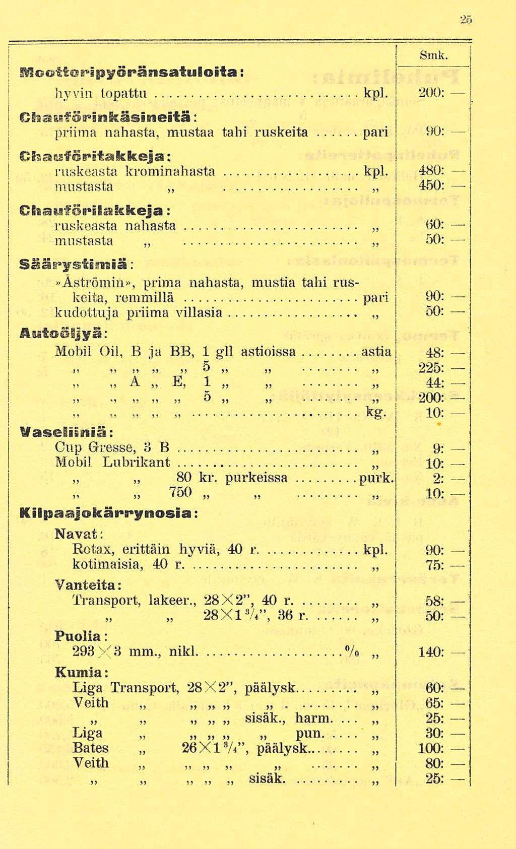 Smk. g&ccrltehpyöränsaiuloita: hyvin topatta kpl. 200: Oiiaasf örönkäsineitä: priima nahasta, mustaa tahi ruskeita pari 90: ha«tos»?takkej a: ruskeasta krominahasta kpl.